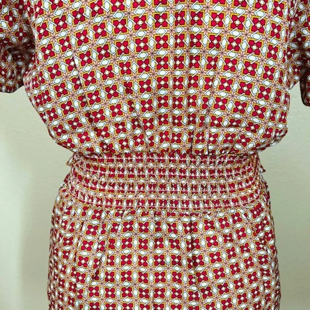 Max Studio red top  geometric flutter sleeve smock waist  front tie size XS boho